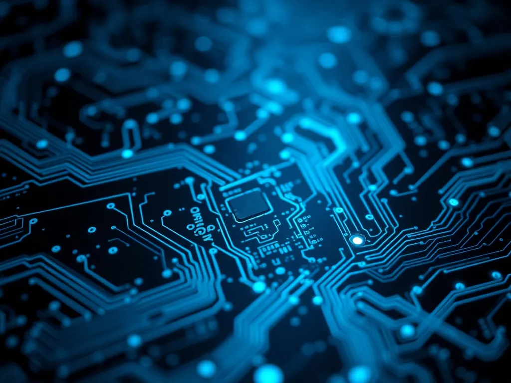 A high-tech digital surface with glowing electric blue circu